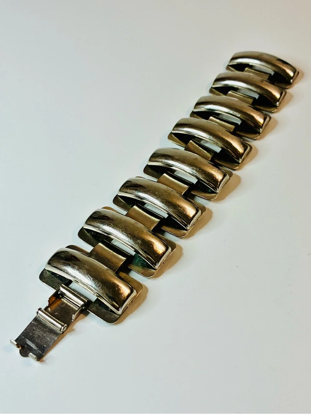 Silver-Tone Wide H-Link Bracelet Domed Rectangular Panels MCM Retro